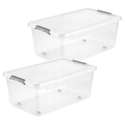 Immagine prodotto di 2 contenitori Leo Keeper con coperchio, capacità 37 litri, trasparenti, con ruote, coperchio con chiusura a clip