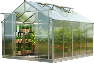 Zdjęcie produktu dla GFP szklarnia Topas 5 rama aluminiowa 225x322 cm - płytami poliwęglanowymi ok. 8 mm - z ramą fundamentową i aut. mechanizm otwierania okien