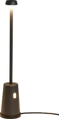 A black outdoor table lamp with a light on top and a small light on the base.