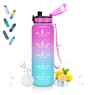 Produktbild von Mujigaga Trinkflasche 1l mit Filter, auslaufsicher, Zeitmarkierung, Sportflasche
