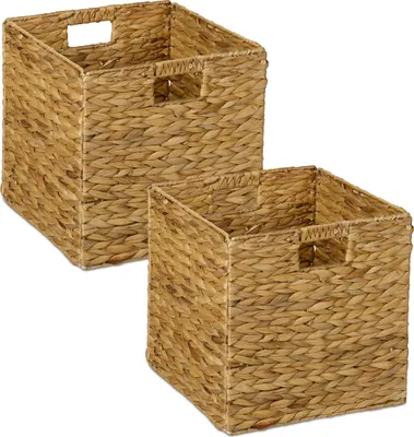 Image de Panier de rangement Relaxdays, lot de 2, jonc d'eau, vêtements, jouets, 30 x 30 x 30 cm, panier tressé pour étagère, couleur naturelle