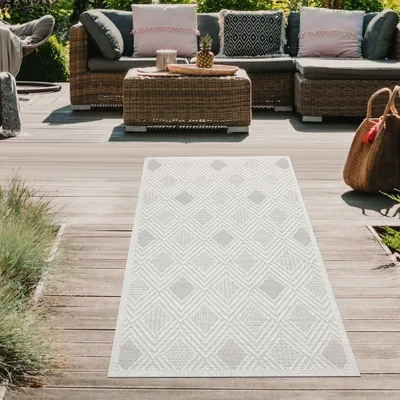 Produktbild von In- und Outdoorteppich Balkonteppich mit verschiedenen gemusterten Rauten in Creme Größe - 80 x 150 cm