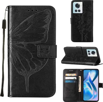 Produktbild von OnePlus Ace Hülle, Schmetterling Prägung Flip Leder Kartenfächer Schutzhülle Ledertasche mit Ständer für OnePlus Ace 5G Schwarz