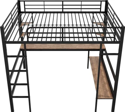 Produktbild von Hochbett mit Rausfallschutz, Lattenrost, Regal und Schreibtisch, 140x200 cm, Metallbett, Jugendbett