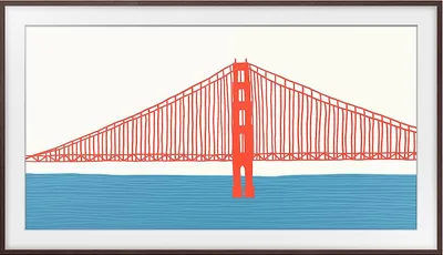 A stylized illustration of the Golden Gate Bridge over blue water, framed by a dark border.