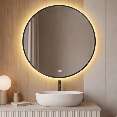 Produktbild von LED Badezimmerspiegel Rund 60 cm – Badspiegel mit LED Beleuchtung, Touch-Schalter, Anti-Beschlag, 3 Lichtfarben, Schwarzer Rahmen – SAVE HOME