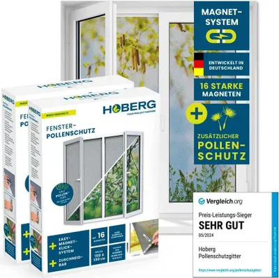 Produktbild von Hoberg Fliegengitter Fenster mit Pollenschutz 2er Set Moskitonetz bis 150x130 cm Einfache Montage 16 Magneten Insektenschutz ohne Bohren Schrauben