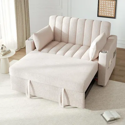 Imagen del producto de Sofá multifuncional beige de 2 plazas, sofá cama con función de descanso, sofá de dos plazas con respaldo ajustable, apariencia de lino, 136x162x84 cm