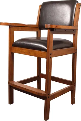 A dark wood and leather high chair with a side tray, shown against a white background.