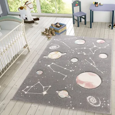 Produktbild von TT Home Kinder-Teppich, Spiel-Teppich Mit Planeten Und Sternen, Für Kinderzimmer In Grau Größe 140x200 cm