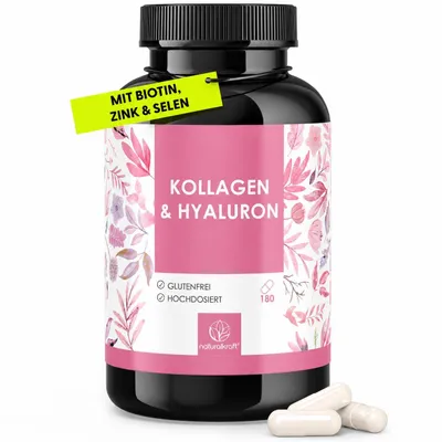 Produktbild von NATURALKRAFT® Premium Hyaluronsäure Kollagen Komplex - mit Biotin, Zink, Selen, Vitamin C & Silizium - Hoch bioverfügbar - 180 Kapseln