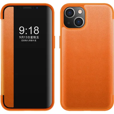 Obrázek produktu pro Pouzdro pro iPhone 13 tenkéPolyuretankožené klopové pouzdro s okénkem pro zobrazení Pomerančový