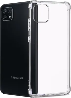A black Samsung phone is shown next to a transparent phone case.