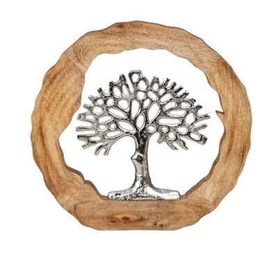 Produktbild von Moderne Skulptur Dekofigur Lebensbaum im Kreis aus Aluminium auf Sockel aus Mangoholz Silber/braun D 35 cm