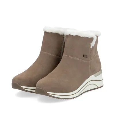 A pair of beige winter boots with white fur trim, shown on a white background.