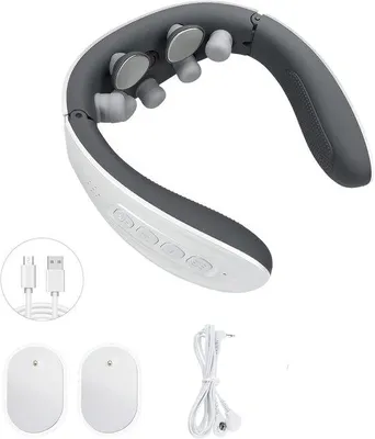 Image de Appareil de massage électrique pour la nuque avec fonction chauffante - 5 modes et 15 niveaux d'intensité - Sans fil et ergonomique - Blanc