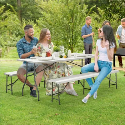 Produktbild von Juskys Bierzeltgarnitur Bayreuth 3-teilig & klappbar – 180 x 70 x 74 cm –2 Bierbänke & 1 Biertisch – Gartenmöbel-Set Festzeltgarnitur Sitzgarnitur
