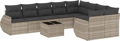 Produktbild von vidaXL 10-tlg. Garten-Sofagarnitur mit Kissen Hellgrau Poly Rattan