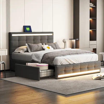 Produktbild von Merax Polsterbett 140x200cm mit höhenverstellbarem Kopfteil, LED, USB-Steckdosenleisten und 4 Schubladen, Funktionsbett Doppelbett aus Leinen