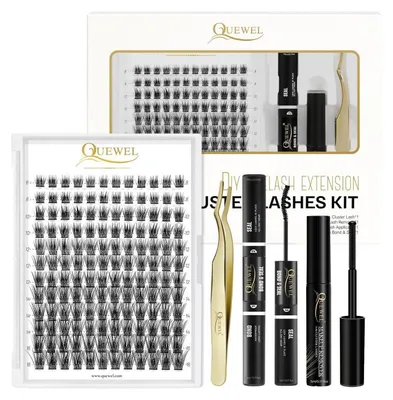 Productafbeelding van DIY Wimperverlengingsset: 144 cluster-wimpers met lijm en afsluitmiddel, pincet en reiniger, 8-16 mm
