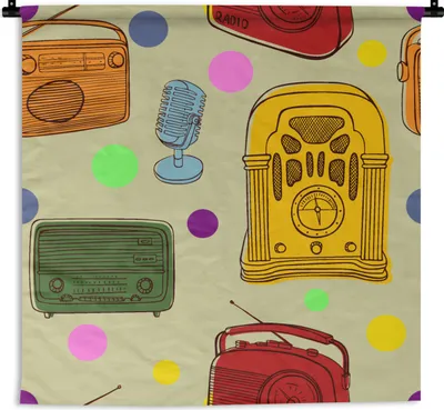 Produktbild von MuchoWow® Wandteppich Wandbehang Vintage - Radio - Mikrofon - Muster 90x90 cm Tapisserie Dekoration Wandtuch - Wandaufhänger