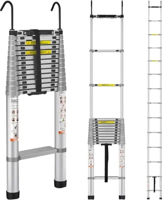 Immagine prodotto di scala telescopica da 5,54 m con scala pieghevole antiscivolo - Scaletta da 112x49x8,5 cm - Sistema di bloccaggio - Scala multiuso in lega di alluminio - Portata fino a 190 kg - Ideale per riparazioni domestiche, decorazioni e pittura delle pareti.