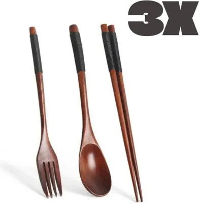 Produktbild von Holz Besteck Set 3 Stück l Japanisches Besteck Löffel Stäbchen Set natürlich Holzlöffel Holzgabel Essstäbchen nachhaltig Küche