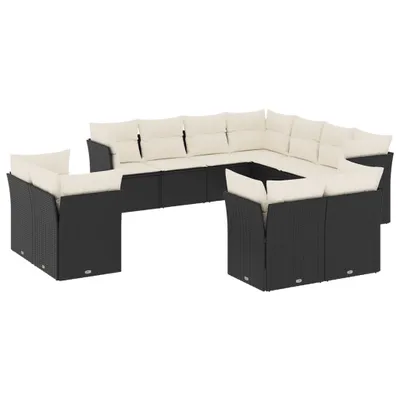 Produktbild von Garten-Lounge-Set, 11-tlg. Sofagarnitur mit Stauraum, Schwarz, Poly Rattan, UV-beständig, Cremeweiße Kissen, abnehmbare Bezüge