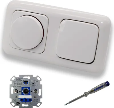 Produktbild von REV Ritter LED Drehdimmer Dimmer + Busch Jäger Dimmerscheibe 2115-214 und Kreuzschalter 2000/7 US in Reflex Si alpinweiß glänzend inklusive EBROM Phasenprüfer zur Montage der Geräte ET1 66012B