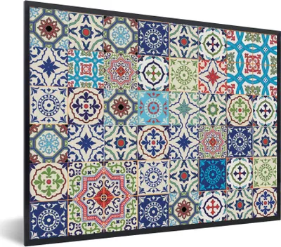 Produktbild von MuchoWow® Gerahmtes Poster Blumen - Muster - Grün - Blau 40x30 cm - Poster mit Schwarzem Bilderrahmen Wandposter Rahmen Foto Bilder - Kunstposter - Wanddekorationen