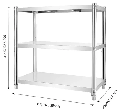 Image de Étagère de rangement - Étagère à 3 niveaux - Acier inoxydable 201 - 80 x 40 x 80 cm - Pieds stables - Idéale pour la cuisine, la cave et le garage - Argentée