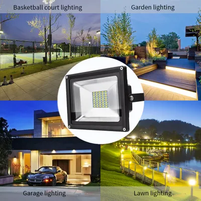 Collage of four different outdoor lighting scenarios, with a central image of an LED floodlight.
