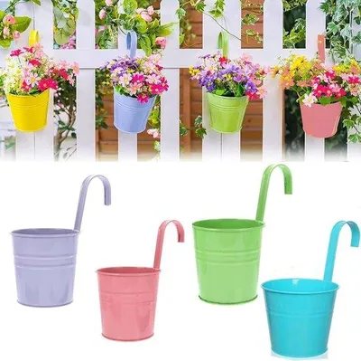 Obrázok produktu pre Sada balkónových kvetináčov s kovovými miskami, 4 ks, na balkónový trávnik s kovovými háčikmi