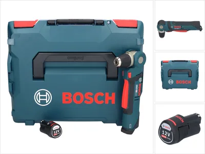 A collage of images showing a Bosch angle drill, its case, and a battery.