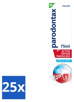 Imagen del producto de 25 unidades de pasta dental Parodontax Active Repair, sabor a menta fresca, para el cuidado de las encías, envase de 75 ml. Paquete económico