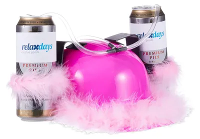 Imagen del producto de Bierhelm - Rosa - Casco con sorbo - 2 latas de cerveza - Fiesta de despedida de soltera - Casco para beber en fiestas - Plumas rosas