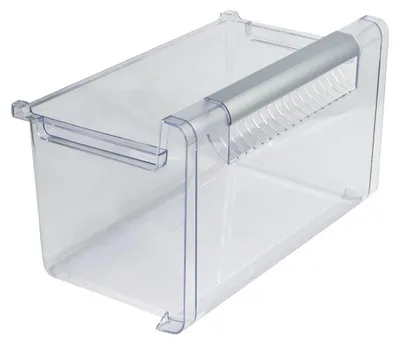 A transparent plastic freezer drawer with a silver handle.