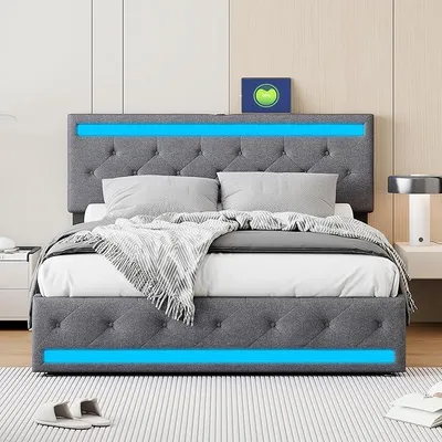 Obrázok produktu pre Postel s čalúnením, 180x200 cm, s LED osvetlením a USB portami, dvojlôžko s 4 zásuvkami, posteľ s úložným priestorom a roštom, posteľ pre mládež s opierkou, bez matraca, farba: sivá