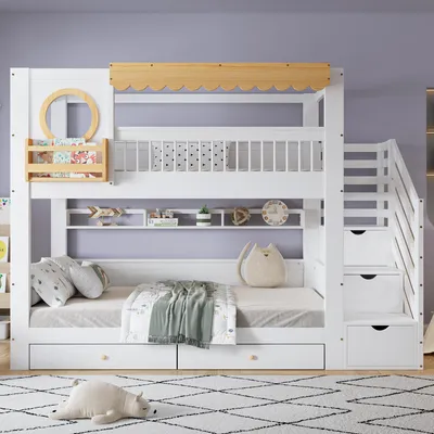 Image de Sweiko Lit superposé, Lit d'enfant, Deux tiroirs de rangement avec roulettes, Avec placard d'escalier, Avec une rangée d'étagères de 2 mètres, Tablette latérale, Pin + MDF , Blanc+Naturel, 90x200cm