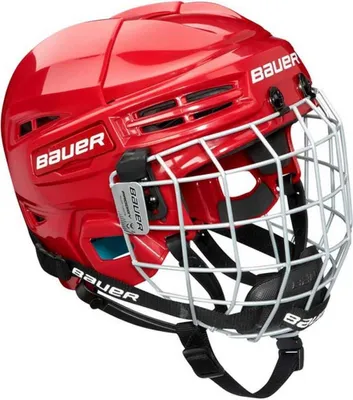 A red Bauer hockey helmet with a silver cage is shown against a white background.