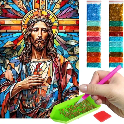 Zdjęcie produktu dla Haft diamentowy ARTULIO - Jezus Chrystus w stylu witrażowym - 60 x 40 cm - Diamond painting, Kompletny zestaw: mozaika + akcesoria