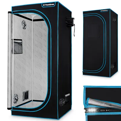 A grow tent is shown from multiple angles, including a close-up of its features.