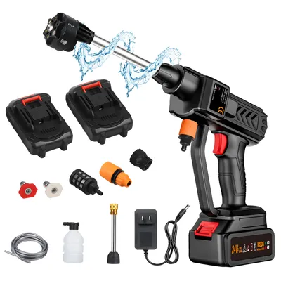 A collection of items for a cordless pressure washer, including the main unit, batteries, nozzles, hose, and charger.