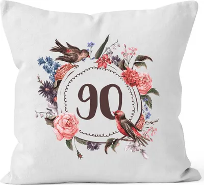 Produktbild von Kissen-Bezug Geburtstag 90  Geschenk-Kissen Blumen Blüten Blumenkranz Bordüre Kissen-MoonWorks® weiß unisize