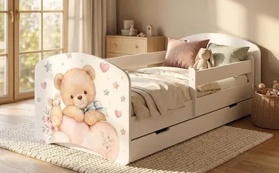 Produktbild von Kinderbett 144x82 cm Weiß | Motiv Bär & Hase mit Regenbogen | Komplett-Set inkl. Matratze & Schublade (Nr 457)