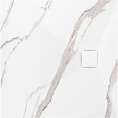 A close-up view of a white shower tray with marble-like veining and a square drain cover.