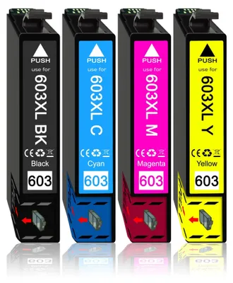 Four printer ink cartridges in black, cyan, magenta, and yellow, arranged side-by-side.
