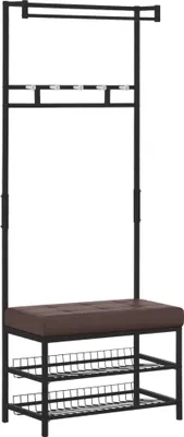 Produktbild von GarderobenständerKleiderständermit5HakenundSchuhbankmit2EbenenGarderobeausMetallfürFlur,Schlafzimmer,72,5x35x180cm