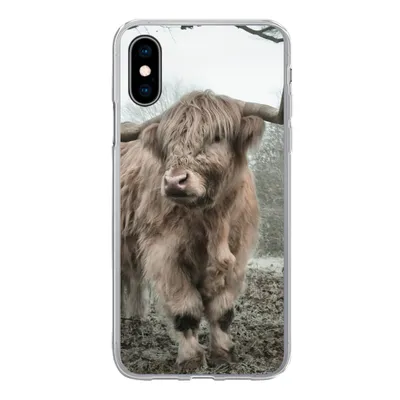 Produktbild von MuchoWow® Handyhülle Schutzhülle Hülle für iPhone X Schottischer Highlander - Wald - Nebel - Kuh - Tiere - Natur Silikon Softcase Handy Hülle - Handyhülle