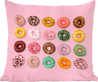 Produktbild von MuchoWow® Zierkissen Sofakissen Wohnzimmer Dekokissen 45x45 cm Bunte Donuts auf rosa Hintergrund - Schlafpolster - Polster für das Sofa